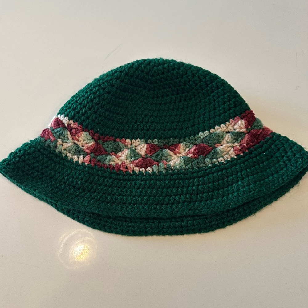 Vintage 1970’s Handmade Green Crocheted Bucket Hat with Multicolor Band